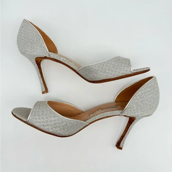 Manolo Blahnik Vintage Metallic Silver plaid Open toe D’orsay pumps EU 41.5
